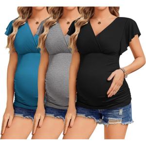 Ekouaer Women’s Maternity Shirts 3 Packs Nursing Tops Flying Short Sleeve Breastfeeding Tees Side Ruched Pregnancy Clothes(Lake Blue / Grey / Black(3pcs))