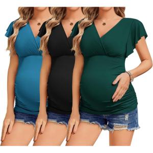 Ekouaer Women’s Maternity Shirts 3 Packs Nursing Tops Flying Short Sleeve Breastfeeding Tees Side Ruched Pregnancy Clothes(Lake Green / Black / Lake Blue(3pcs))