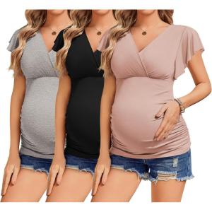 Ekouaer Women’s Maternity Shirts 3 Packs Nursing Tops Flying Short Sleeve Breastfeeding Tees Side Ruched Pregnancy Clothes(Light Grey / Black / Pink(3pcs))