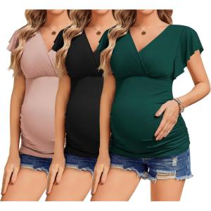 Ekouaer Women’s Maternity Shirts 3 Packs Nursing Tops Flying Short Sleeve Breastfeeding Tees Side Ruched Pregnancy Clothes(Pink / Black / Lake Green(3pcs))