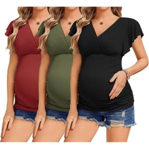 Ekouaer Women’s Maternity Shirts 3 Packs Nursing Tops Flying Short Sleeve Breastfeeding Tees Side Ruched Pregnancy Clothes(Wine Red / Army Green / Black(3pcs))