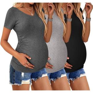 Ekouaer Womens Maternity Shirts 3 Packs V Neck Tops Tunic Pregnancy Clothes Side Ruched Short Sleeve Casual T Shirt S-XXL(Black/Dark Grey/Light Grey)