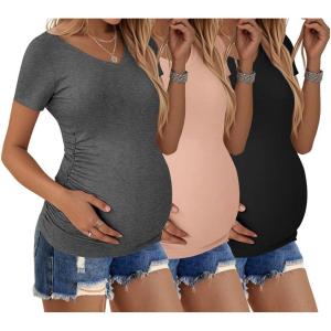 Ekouaer Womens Maternity Shirts 3 Packs V Neck Tops Tunic Pregnancy Clothes Side Ruched Short Sleeve Casual T Shirt S-XXL(Black/Dirty Pink/Dark Grey)