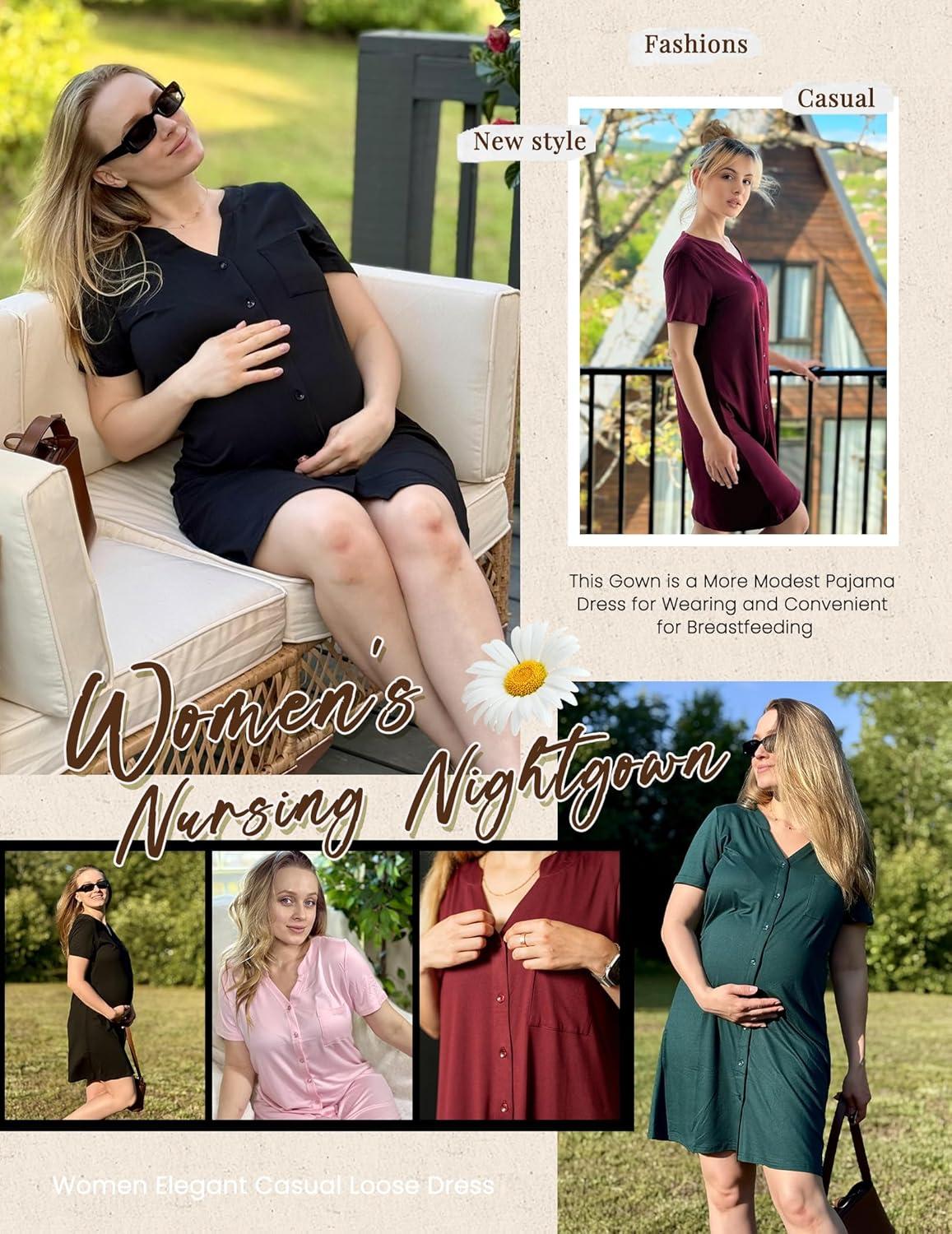 imageEkouaer 2 Pack LaborDeliveryHospital Gown 3 in 1 Maternity Dress V Neck Nursing Nightgown Postpartum Pajamas with ButtonBlackDark Red