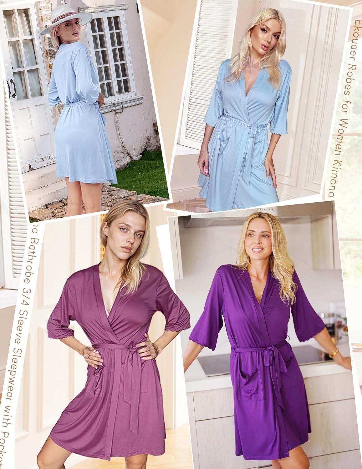 imageEkouaer Robes for Women Knee Length Kimono Bathrobe Lightweight 34 Sleeve Sleepwear Soft Loungewear with Pockets SXXLAqua Floral