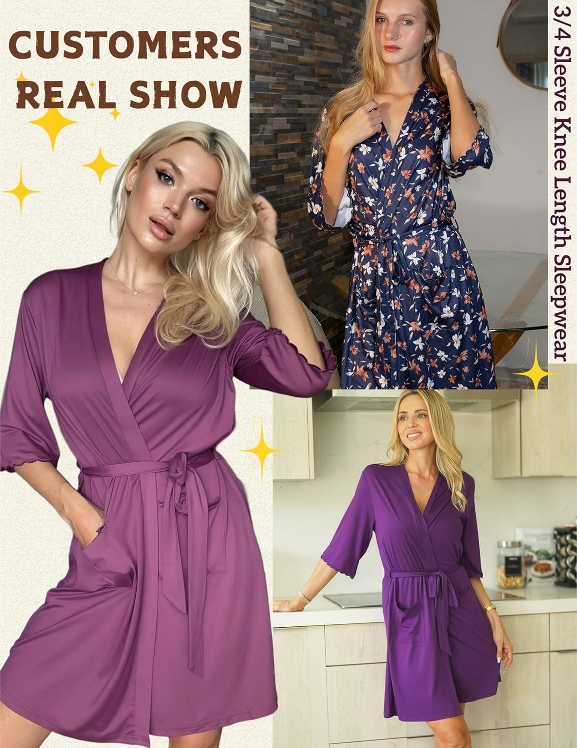 imageEkouaer Robes for Women Knee Length Kimono Bathrobe Lightweight 34 Sleeve Sleepwear Soft Loungewear with Pockets SXXLNavy Blue Floral