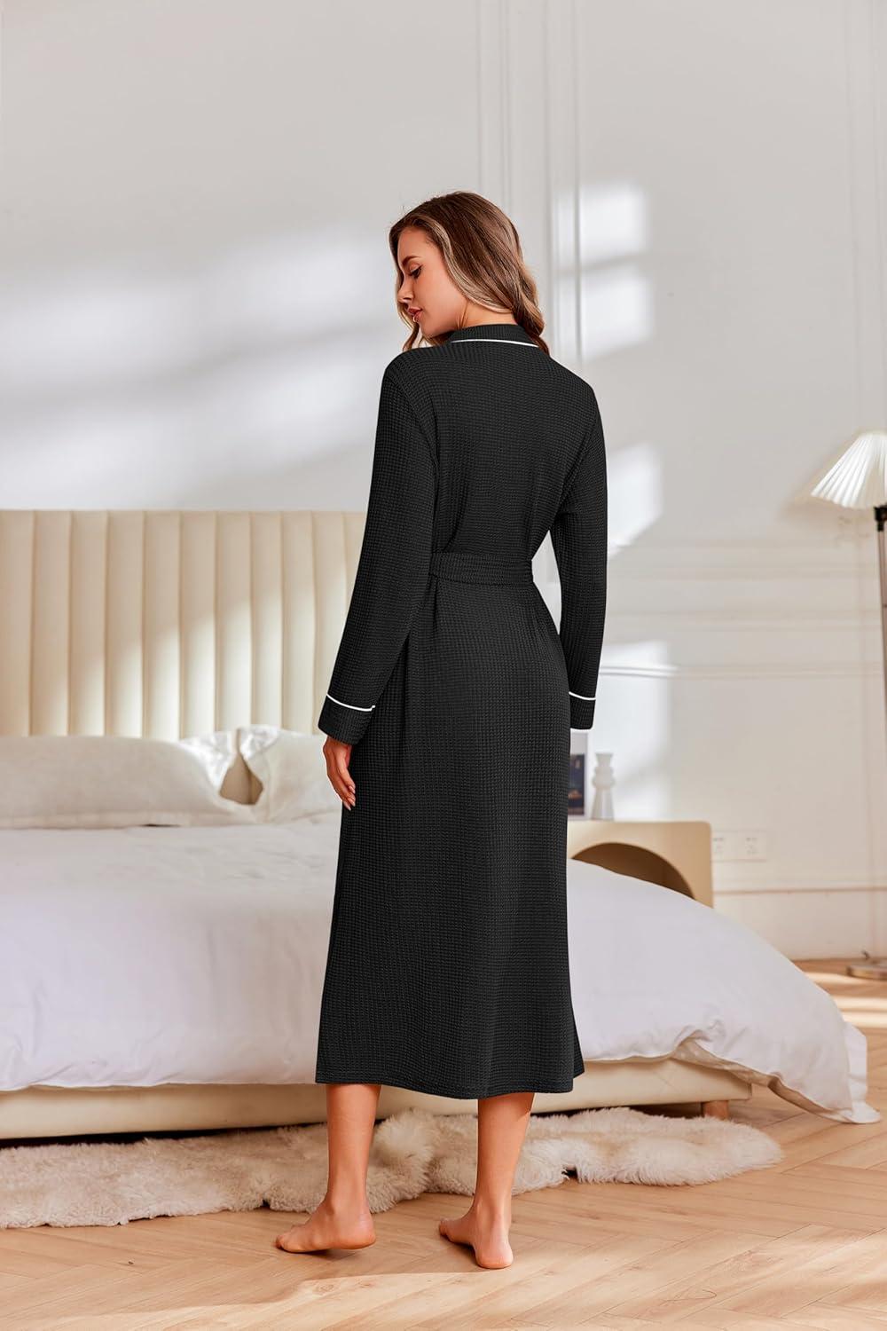 imageEkouaer Robes for Women Lightweight Knit Waffle Bathrobe Full Length Kimono Casual Ladies LoungewearBlack