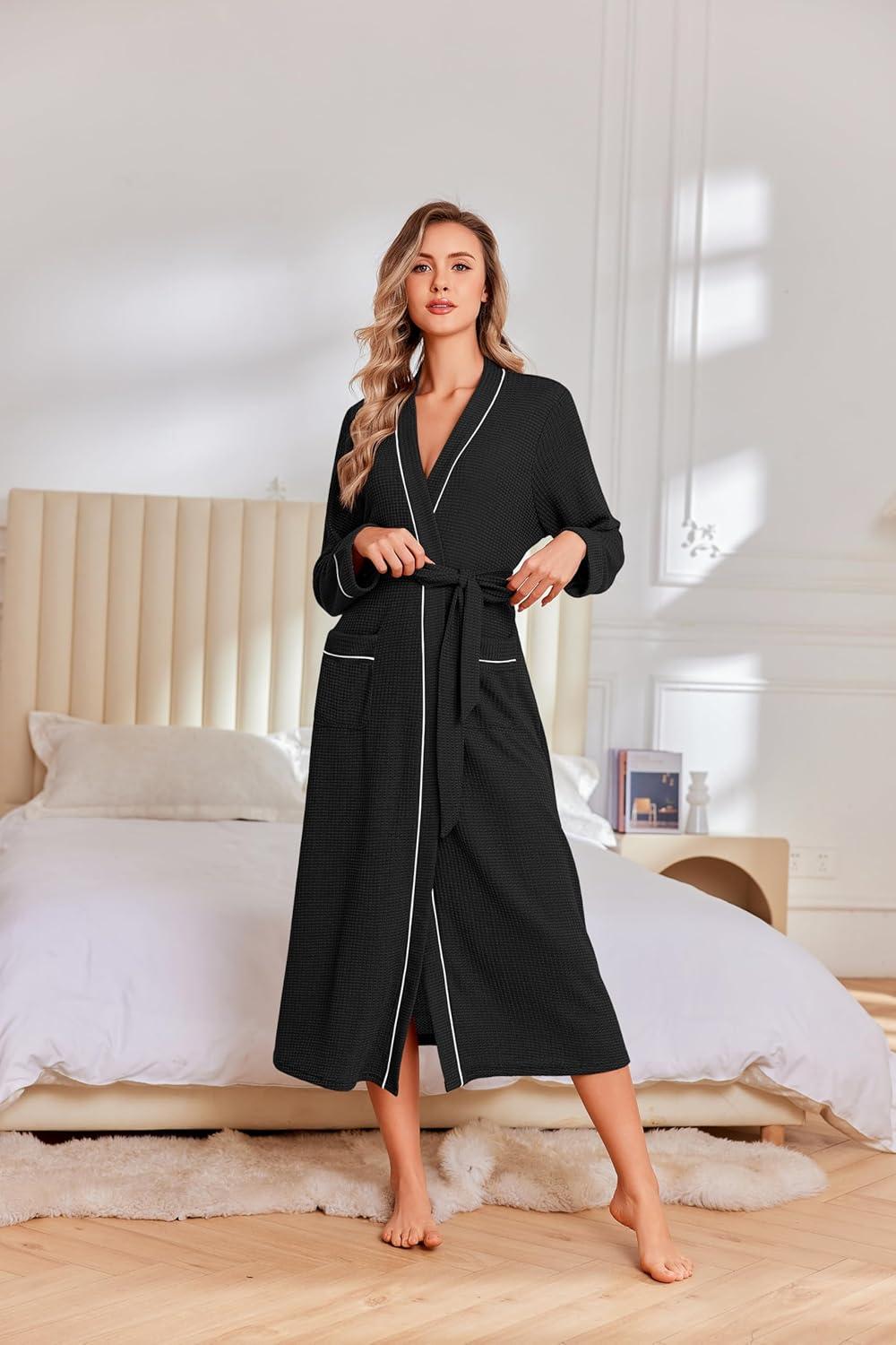 imageEkouaer Robes for Women Lightweight Knit Waffle Bathrobe Full Length Kimono Casual Ladies LoungewearBlack