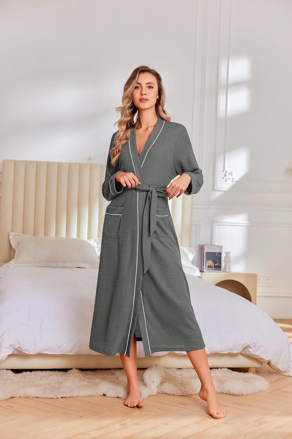 imageEkouaer Robes for Women Lightweight Knit Waffle Bathrobe Full Length Kimono Casual Ladies LoungewearDark Grey