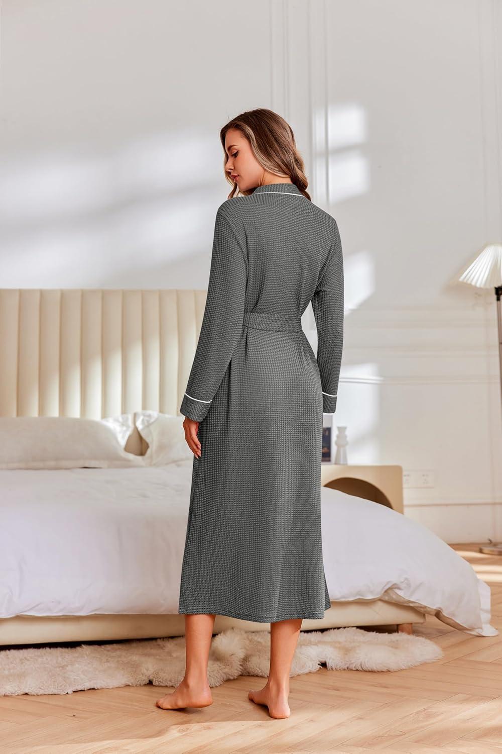 imageEkouaer Robes for Women Lightweight Knit Waffle Bathrobe Full Length Kimono Casual Ladies LoungewearDark Grey