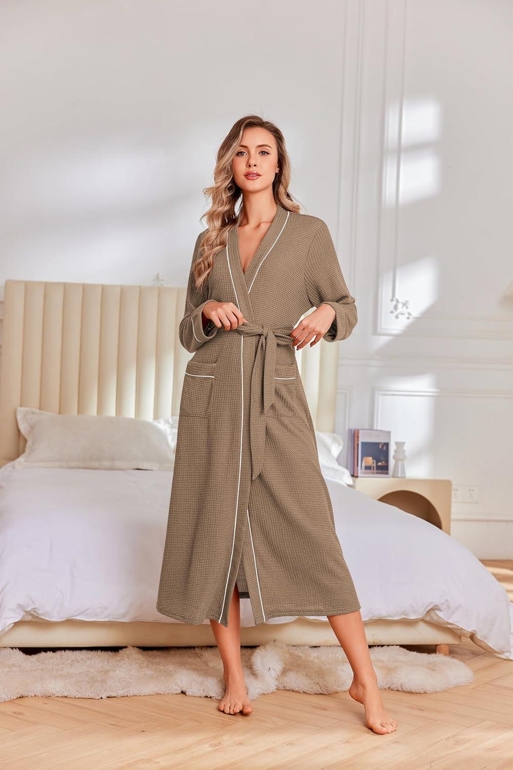 imageEkouaer Robes for Women Lightweight Knit Waffle Bathrobe Full Length Kimono Casual Ladies LoungewearKhaki
