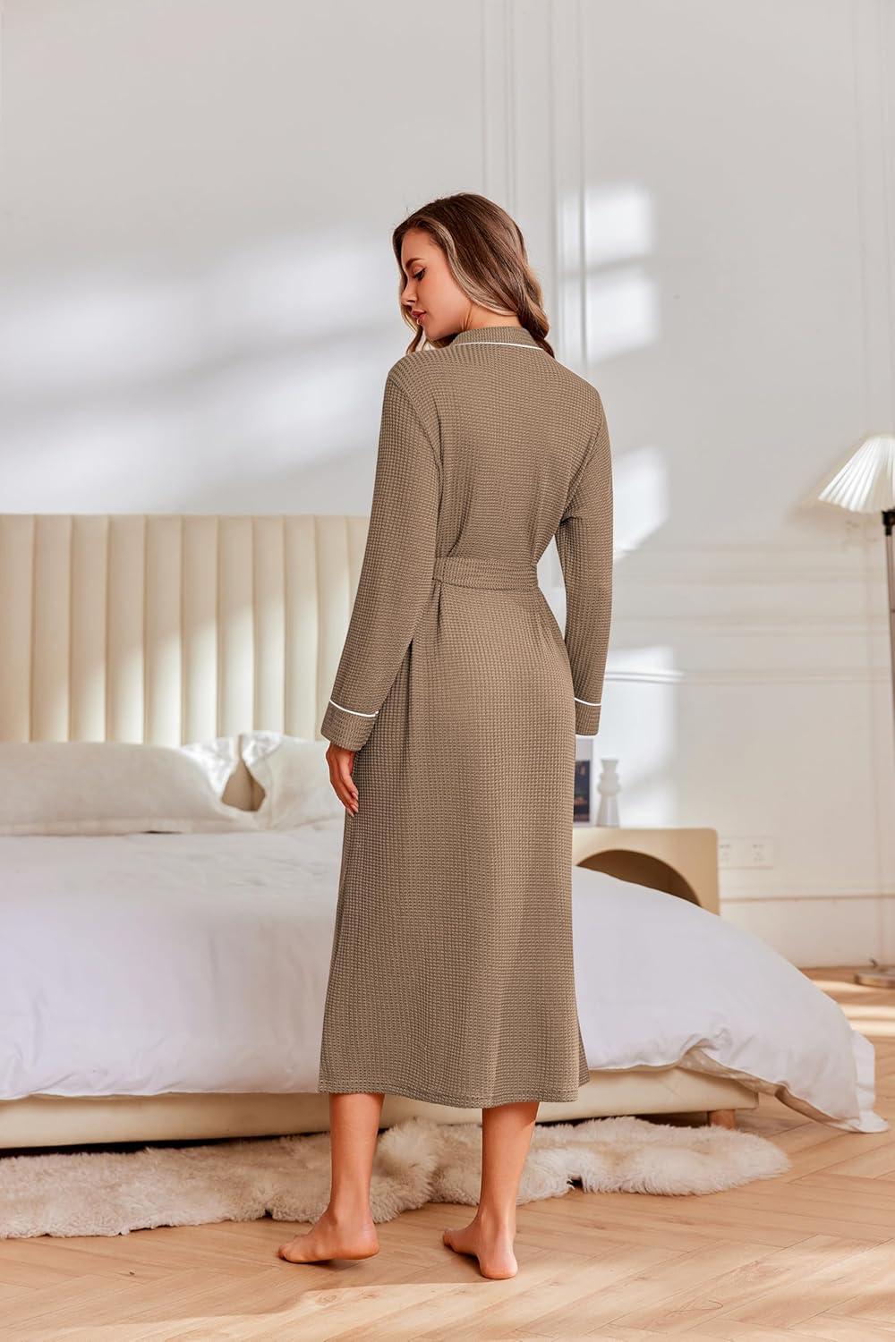 imageEkouaer Robes for Women Lightweight Knit Waffle Bathrobe Full Length Kimono Casual Ladies LoungewearKhaki