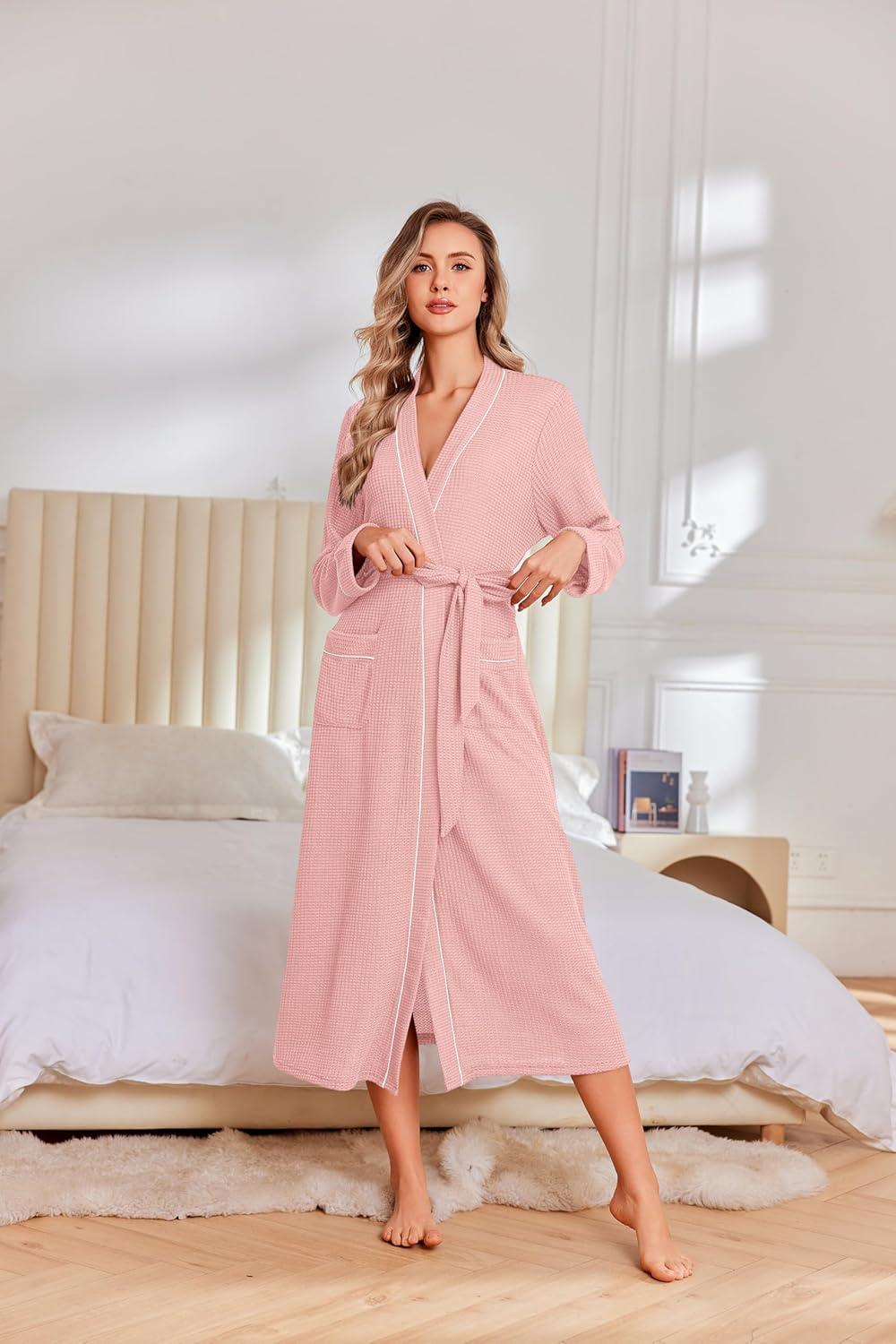 imageEkouaer Robes for Women Lightweight Knit Waffle Bathrobe Full Length Kimono Casual Ladies LoungewearPink