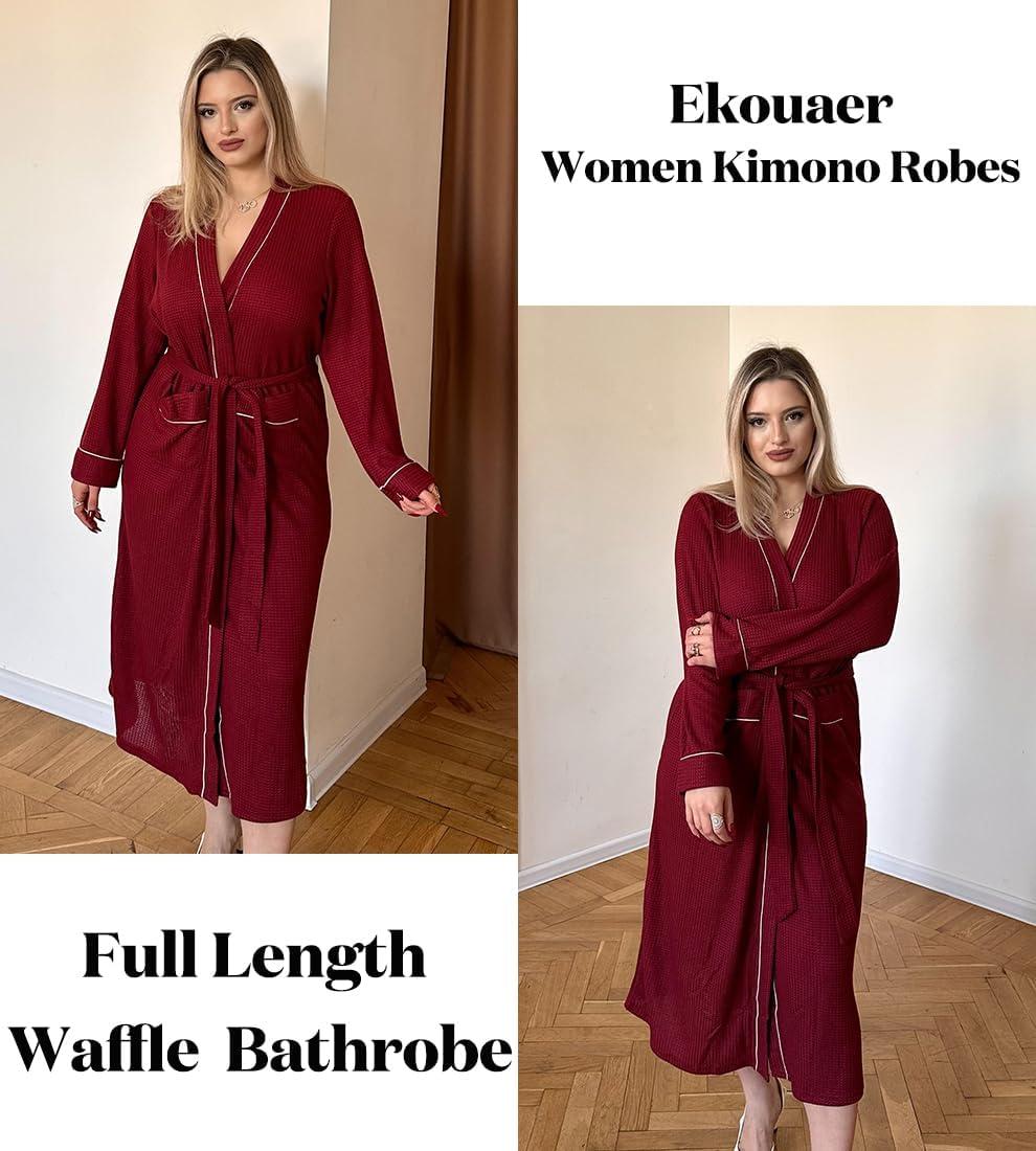 imageEkouaer Robes for Women Lightweight Knit Waffle Bathrobe Full Length Kimono Casual Ladies LoungewearWine Red