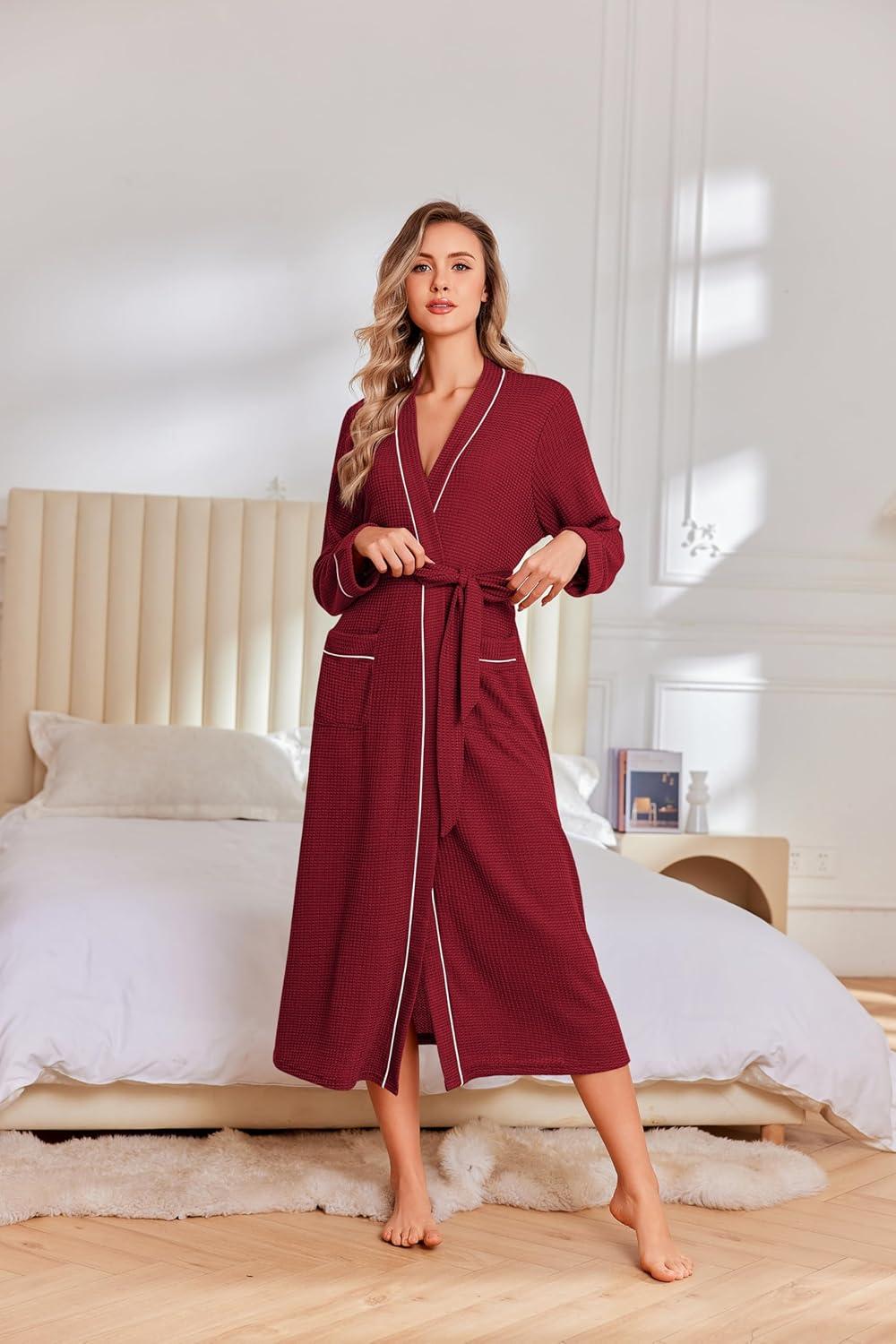 imageEkouaer Robes for Women Lightweight Knit Waffle Bathrobe Full Length Kimono Casual Ladies LoungewearWine Red