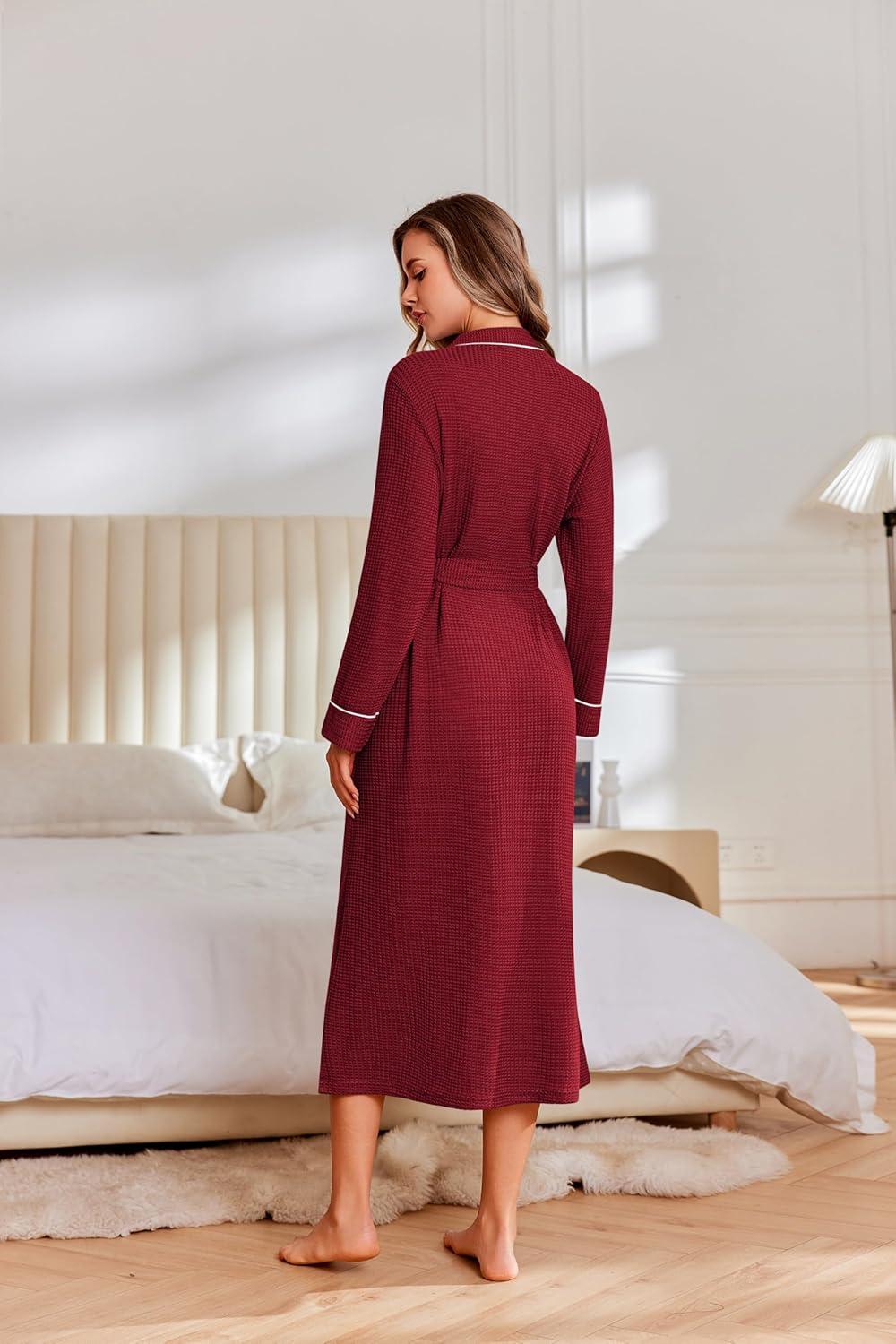 imageEkouaer Robes for Women Lightweight Knit Waffle Bathrobe Full Length Kimono Casual Ladies LoungewearWine Red