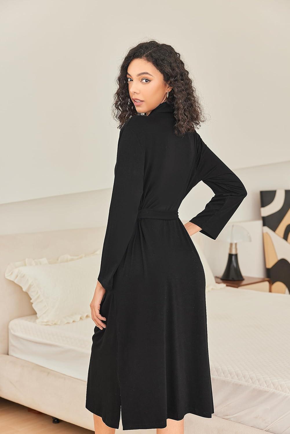 imageEkouaer Robes for Women Long Sleeve Knit Kimono Bathrobe Soft Lightweight Loungewear Ladies Cotton SleepwearBlack