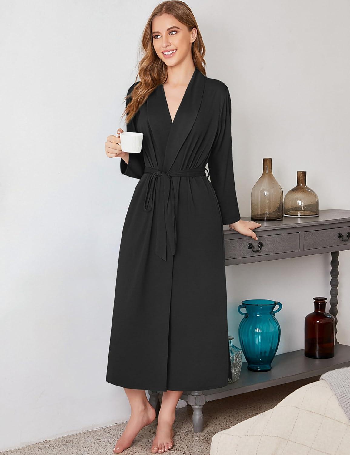 imageEkouaer Robes for Women Long Sleeve Knit Kimono Bathrobe Soft Lightweight Loungewear Ladies Cotton SleepwearBlack