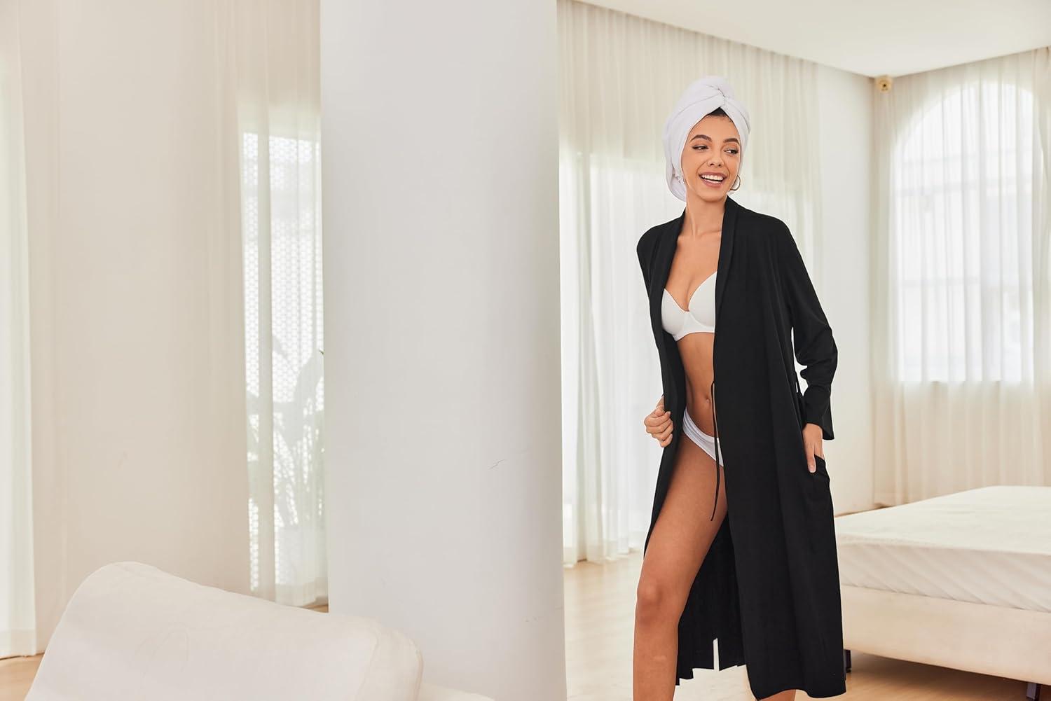 imageEkouaer Robes for Women Long Sleeve Knit Kimono Bathrobe Soft Lightweight Loungewear Ladies Cotton SleepwearBlack