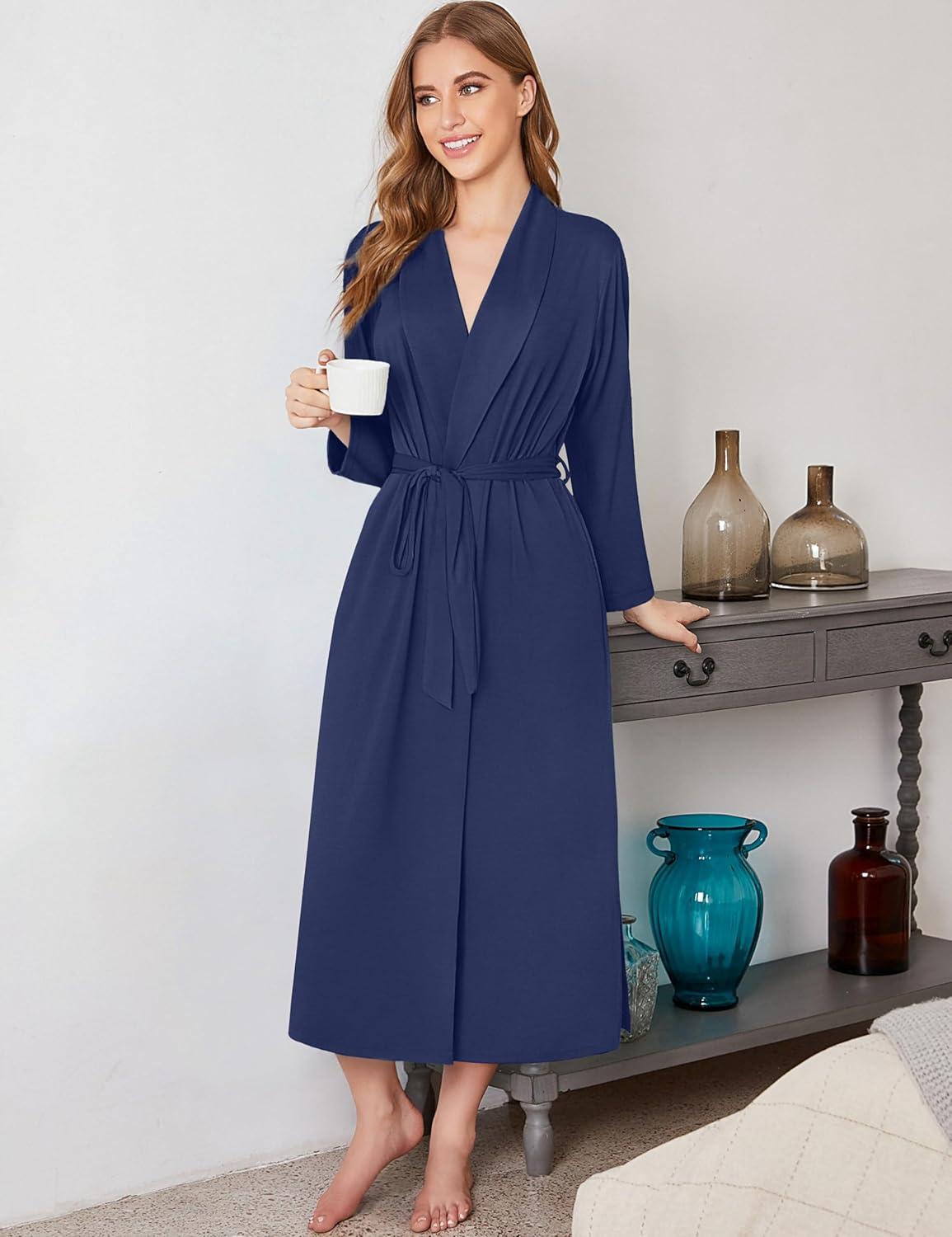 imageEkouaer Robes for Women Long Sleeve Knit Kimono Bathrobe Soft Lightweight Loungewear Ladies Cotton SleepwearBlue