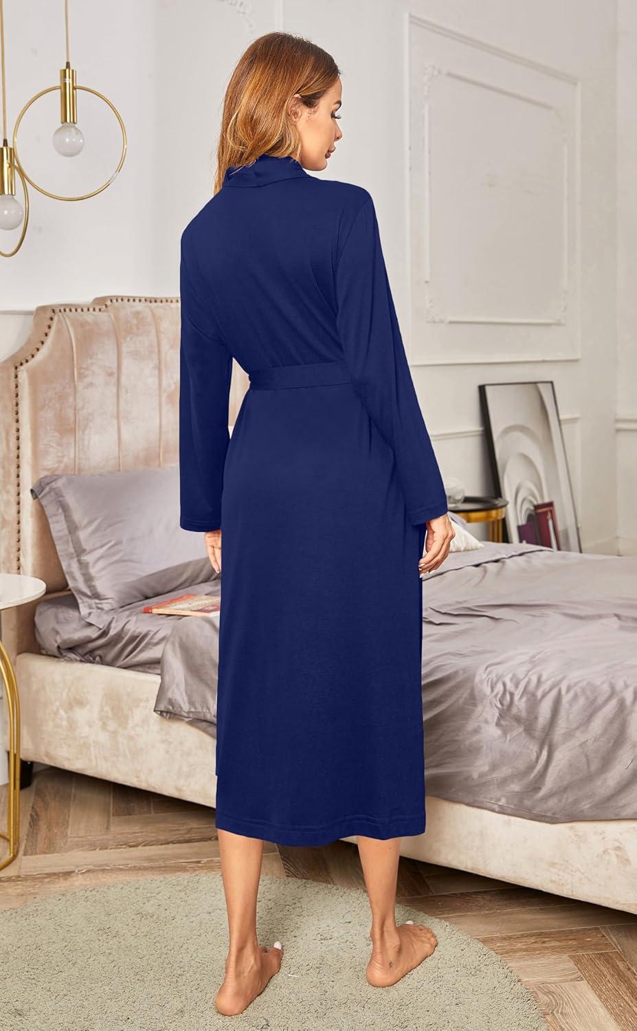 imageEkouaer Robes for Women Long Sleeve Knit Kimono Bathrobe Soft Lightweight Loungewear Ladies Cotton SleepwearBlue