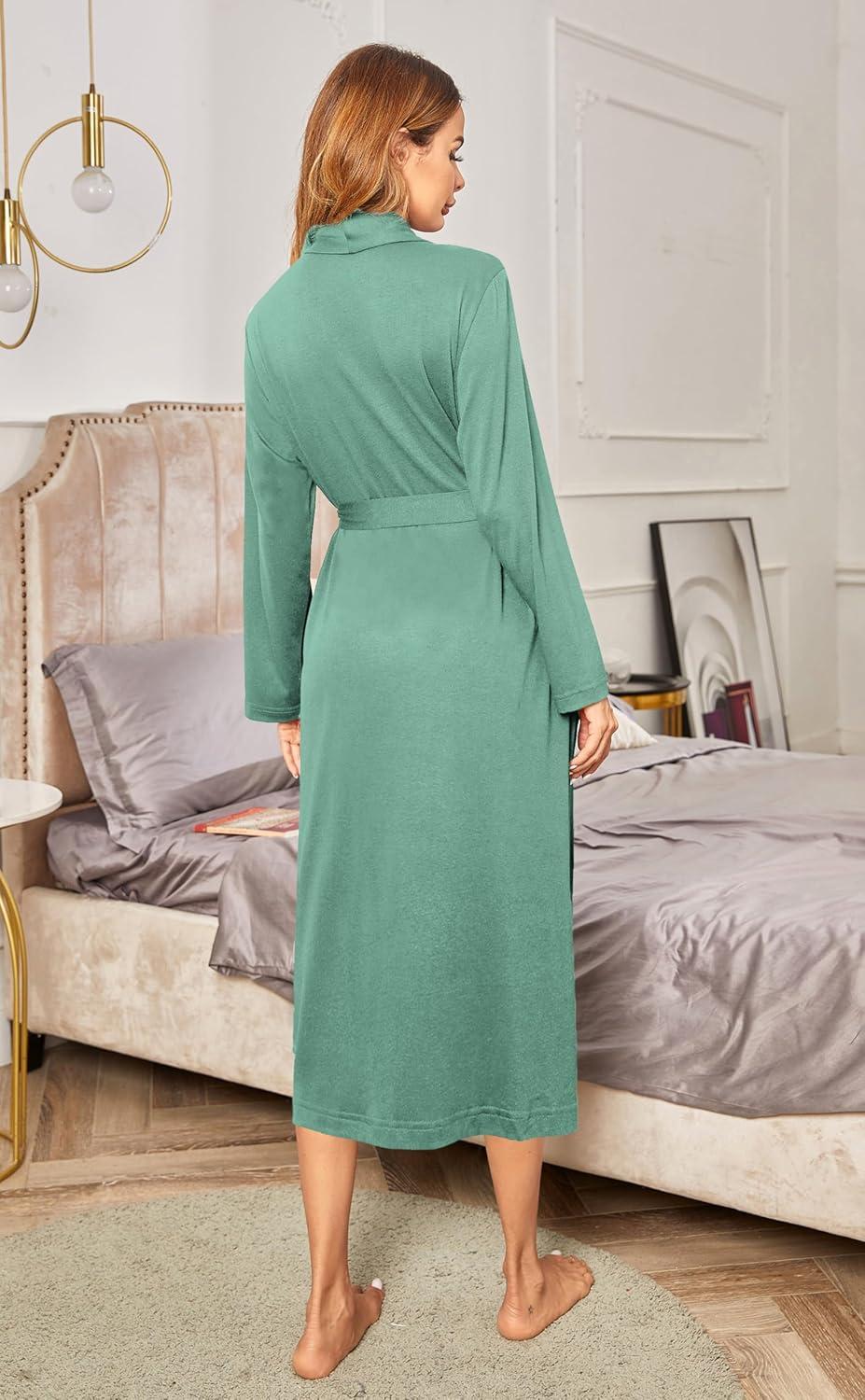 imageEkouaer Robes for Women Long Sleeve Knit Kimono Bathrobe Soft Lightweight Loungewear Ladies Cotton SleepwearCeladon Green