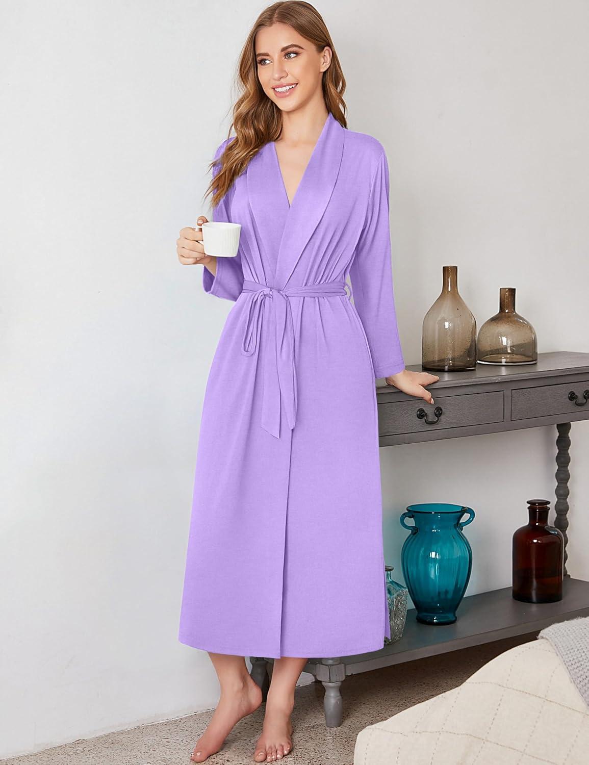 imageEkouaer Robes for Women Long Sleeve Knit Kimono Bathrobe Soft Lightweight Loungewear Ladies Cotton SleepwearLavender
