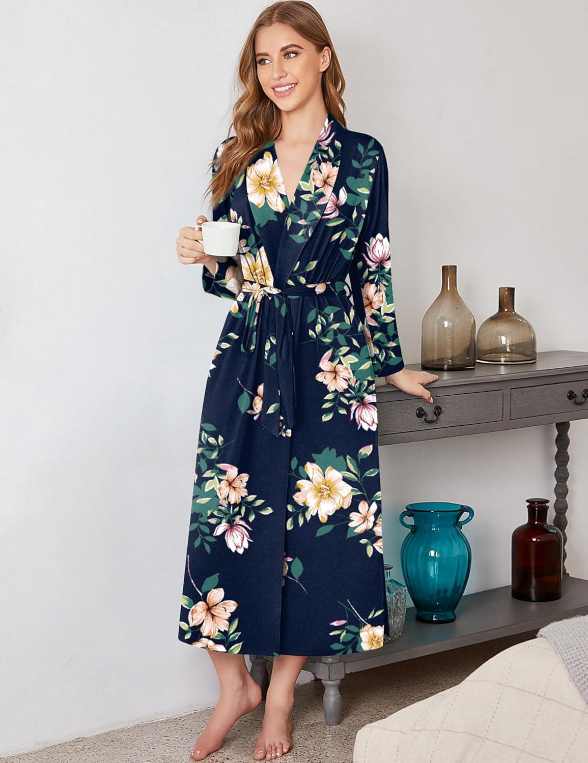 imageEkouaer Robes for Women Long Sleeve Knit Kimono Bathrobe Soft Lightweight Loungewear Ladies Cotton SleepwearPink Flowers