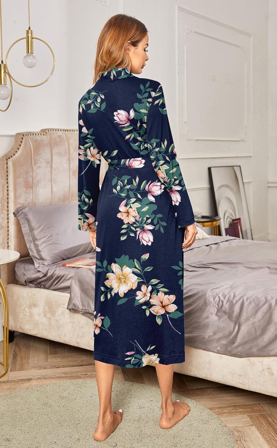 imageEkouaer Robes for Women Long Sleeve Knit Kimono Bathrobe Soft Lightweight Loungewear Ladies Cotton SleepwearPink Flowers