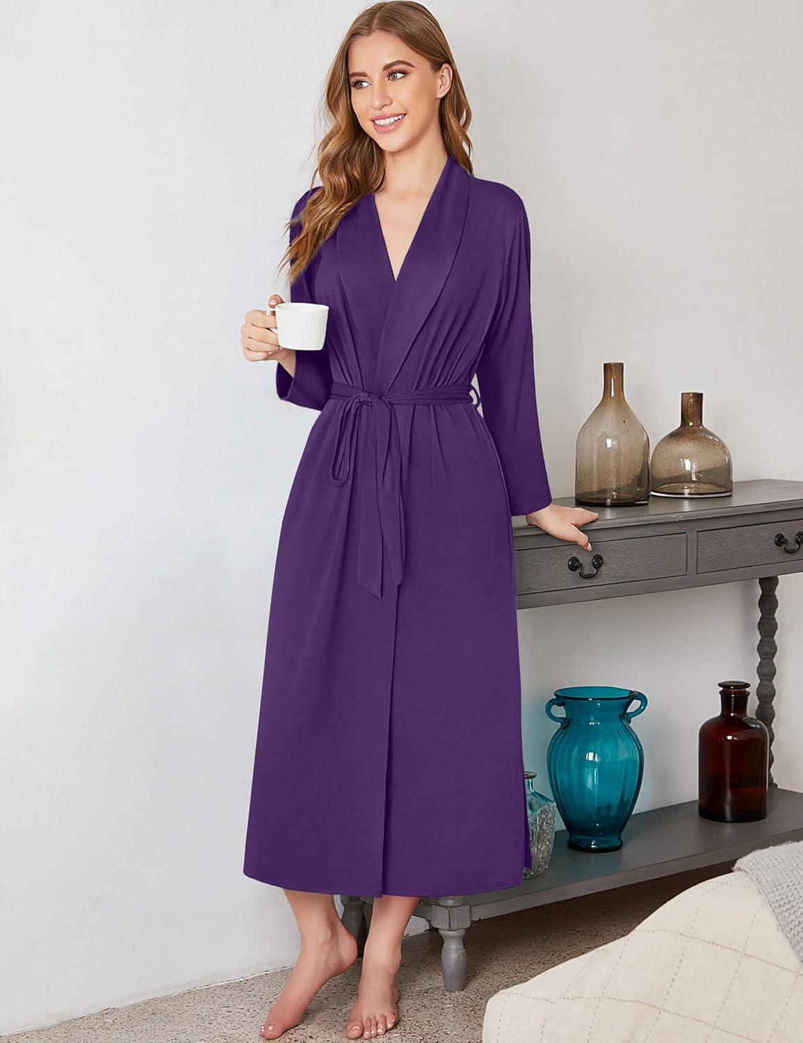 imageEkouaer Robes for Women Long Sleeve Knit Kimono Bathrobe Soft Lightweight Loungewear Ladies Cotton SleepwearPurple