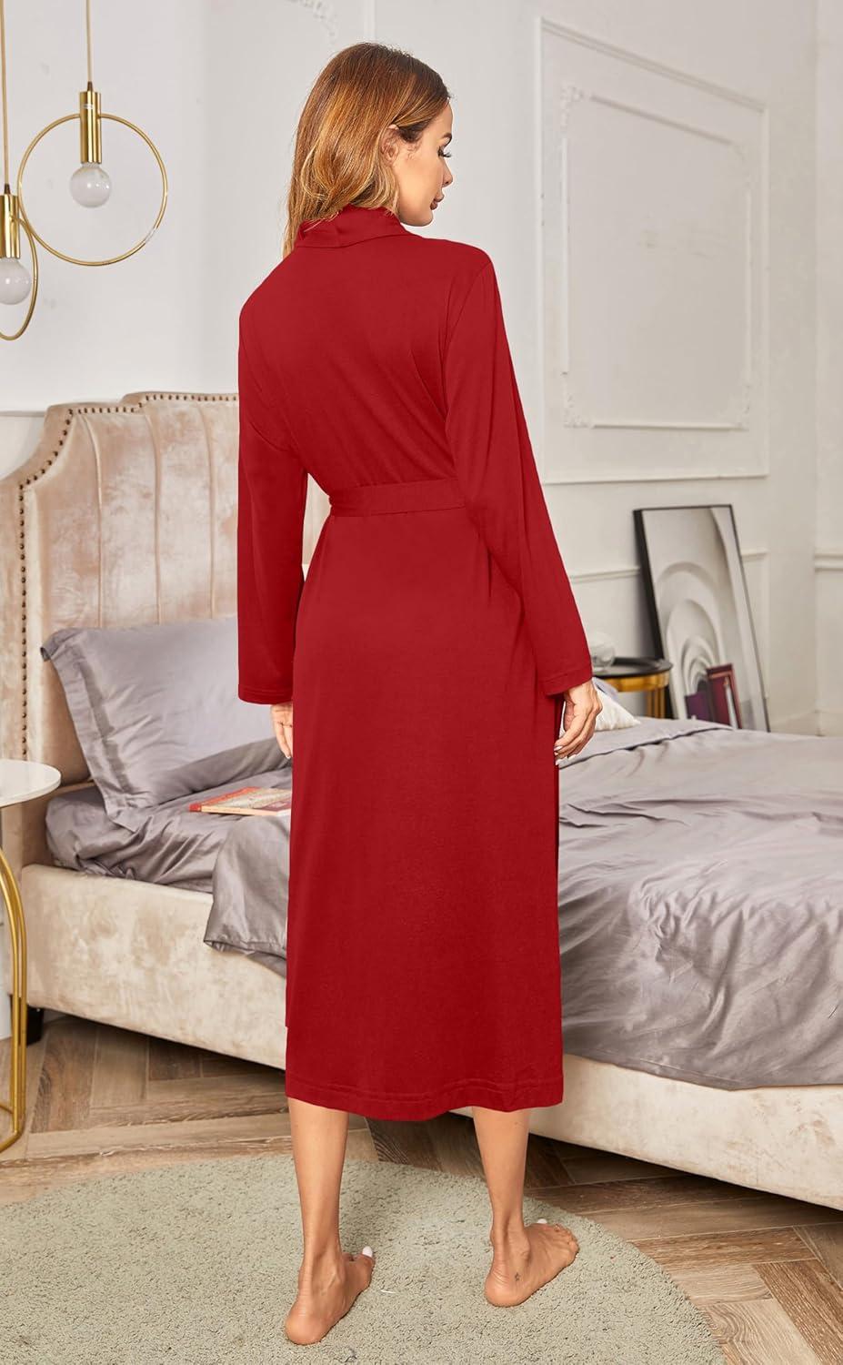 imageEkouaer Robes for Women Long Sleeve Knit Kimono Bathrobe Soft Lightweight Loungewear Ladies Cotton SleepwearRed
