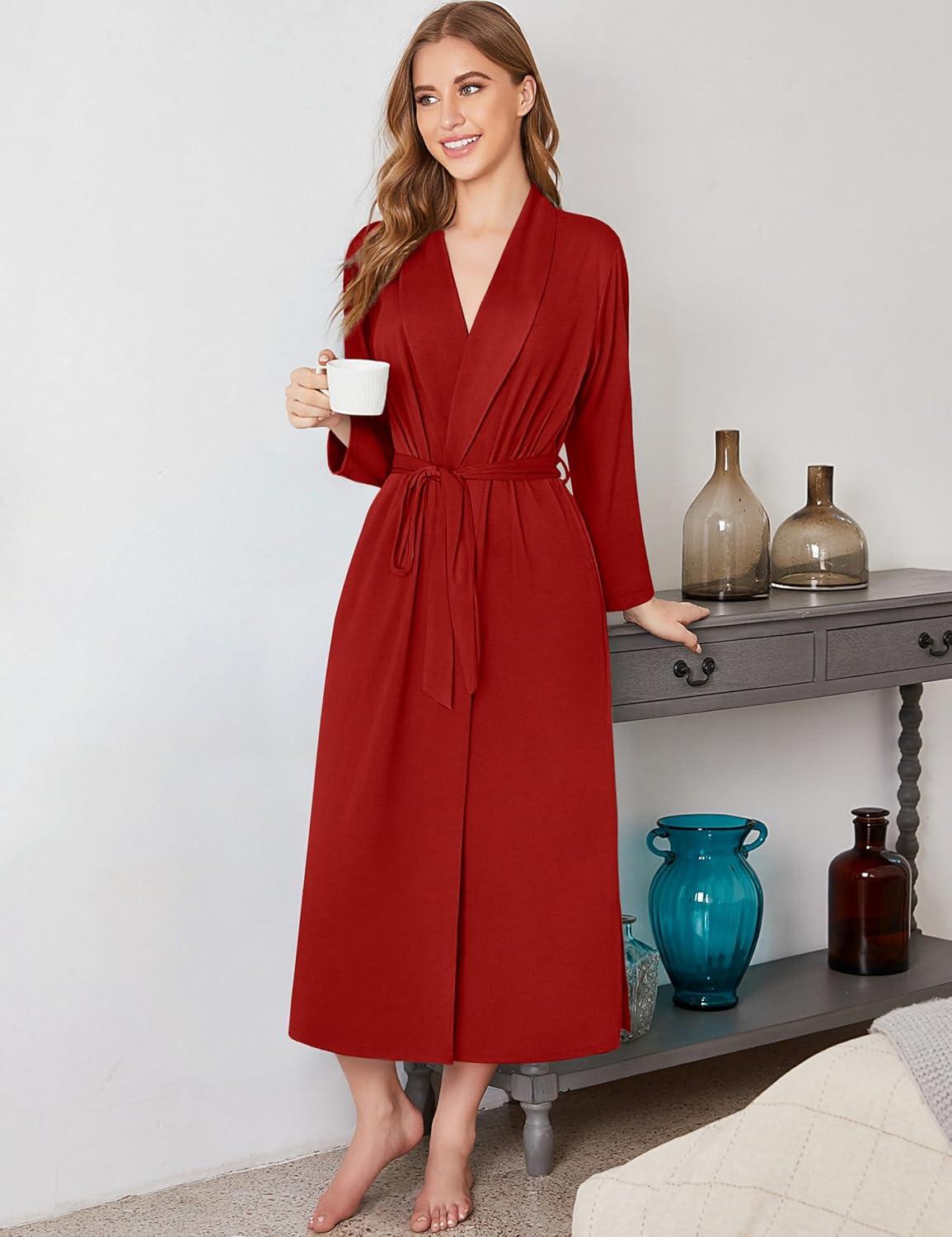 imageEkouaer Robes for Women Long Sleeve Knit Kimono Bathrobe Soft Lightweight Loungewear Ladies Cotton SleepwearRed