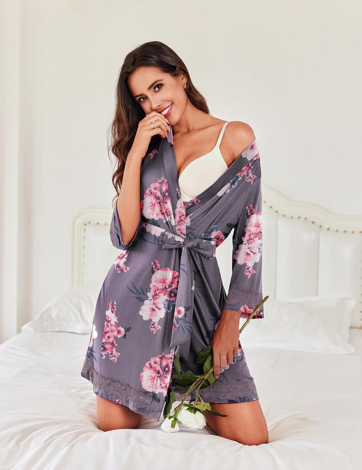 imageEkouaer Robes for Women Short Knit Bathrobe Lightweight Sexy Lace Sleepwear Soft Knee Length LoungewearBlack Flower
