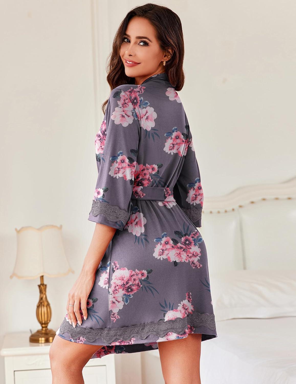 imageEkouaer Robes for Women Short Knit Bathrobe Lightweight Sexy Lace Sleepwear Soft Knee Length LoungewearBlack Flower