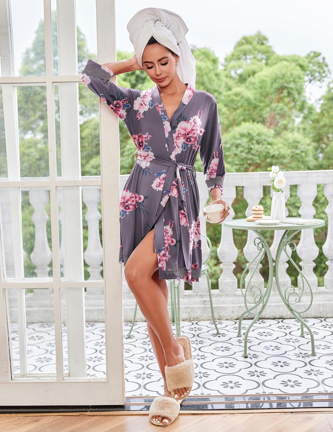imageEkouaer Robes for Women Short Knit Bathrobe Lightweight Sexy Lace Sleepwear Soft Knee Length LoungewearBlack Flower