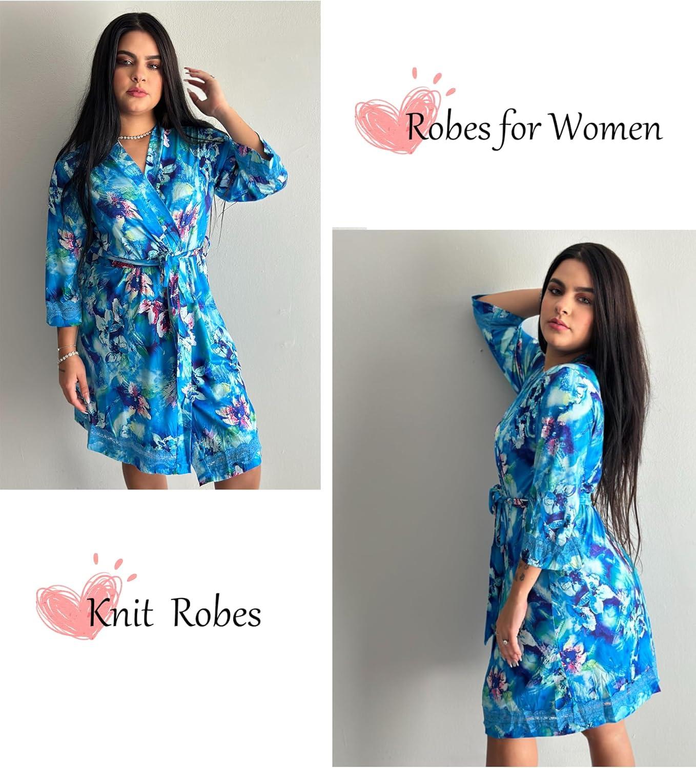 imageEkouaer Robes for Women Short Knit Bathrobe Lightweight Sexy Lace Sleepwear Soft Knee Length LoungewearBlue Flower