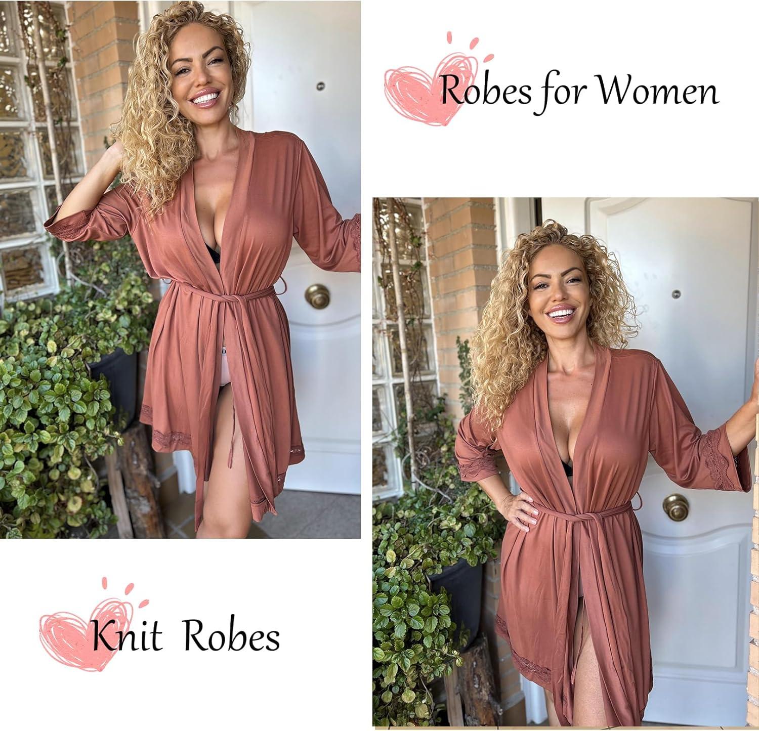 imageEkouaer Robes for Women Short Knit Bathrobe Lightweight Sexy Lace Sleepwear Soft Knee Length LoungewearCaramel