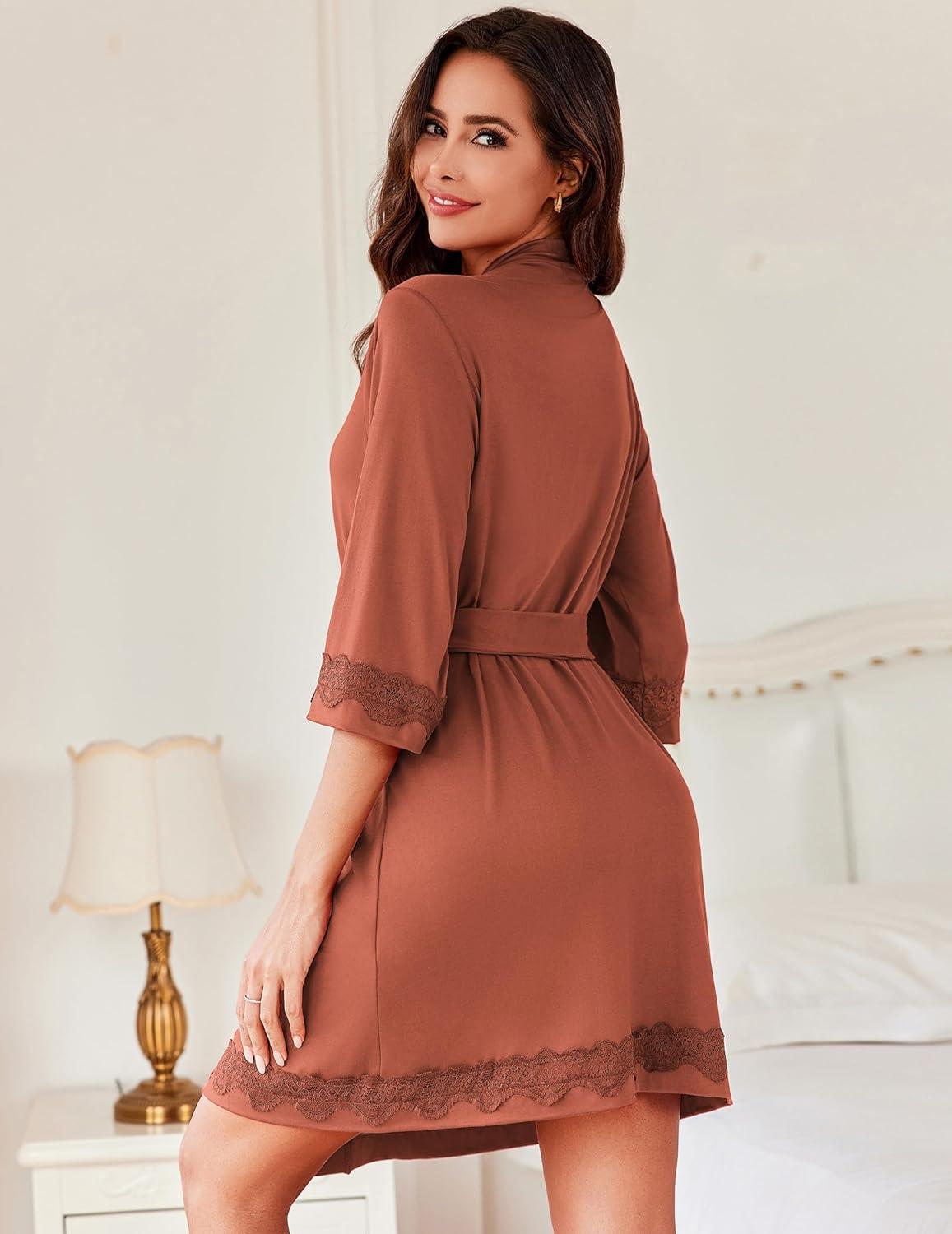 imageEkouaer Robes for Women Short Knit Bathrobe Lightweight Sexy Lace Sleepwear Soft Knee Length LoungewearCaramel