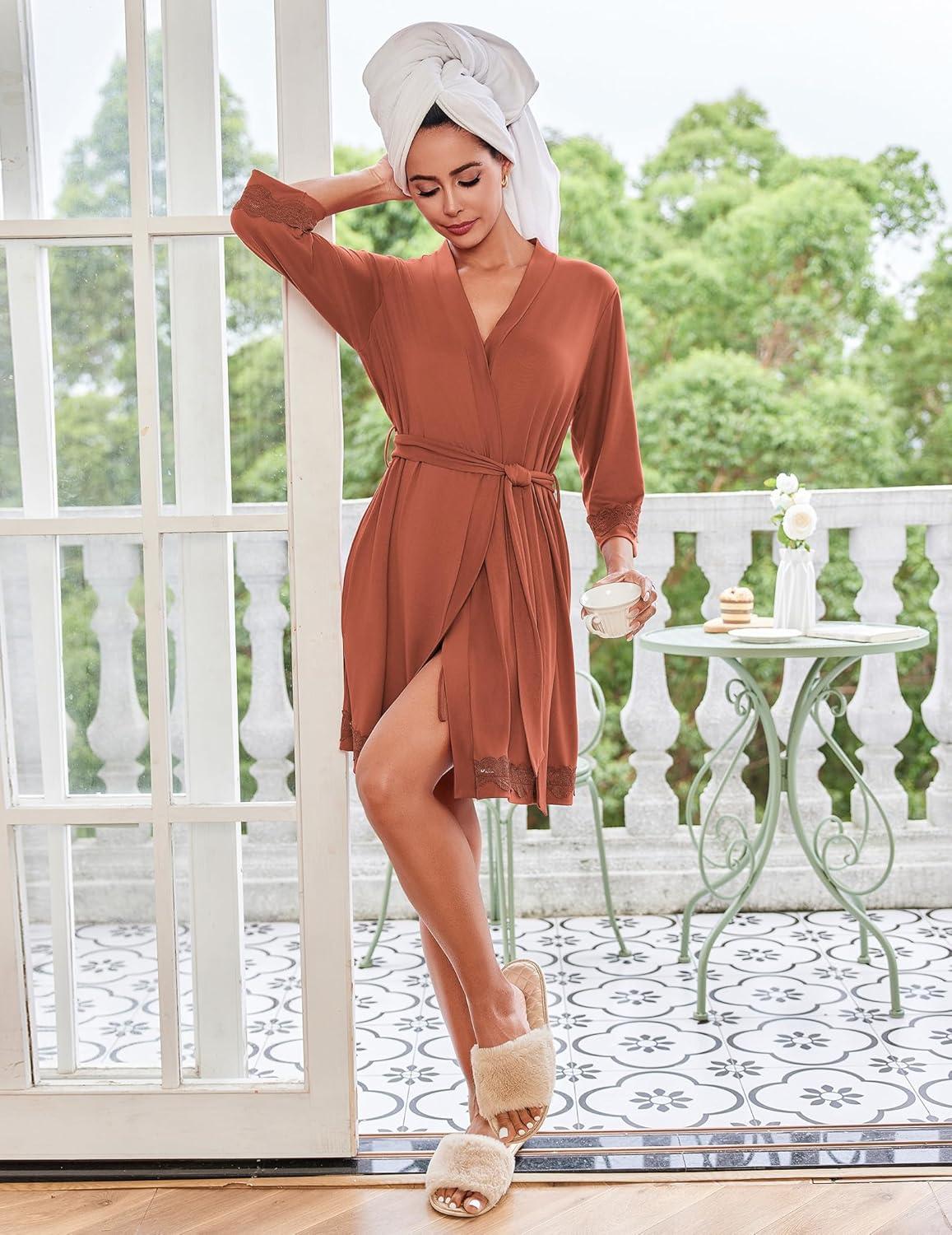 imageEkouaer Robes for Women Short Knit Bathrobe Lightweight Sexy Lace Sleepwear Soft Knee Length LoungewearCaramel