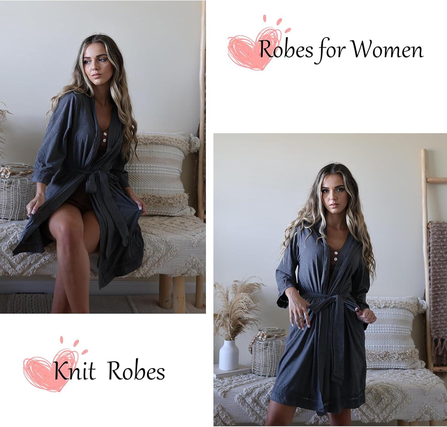 imageEkouaer Robes for Women Short Knit Bathrobe Lightweight Sexy Lace Sleepwear Soft Knee Length LoungewearDeep Gray