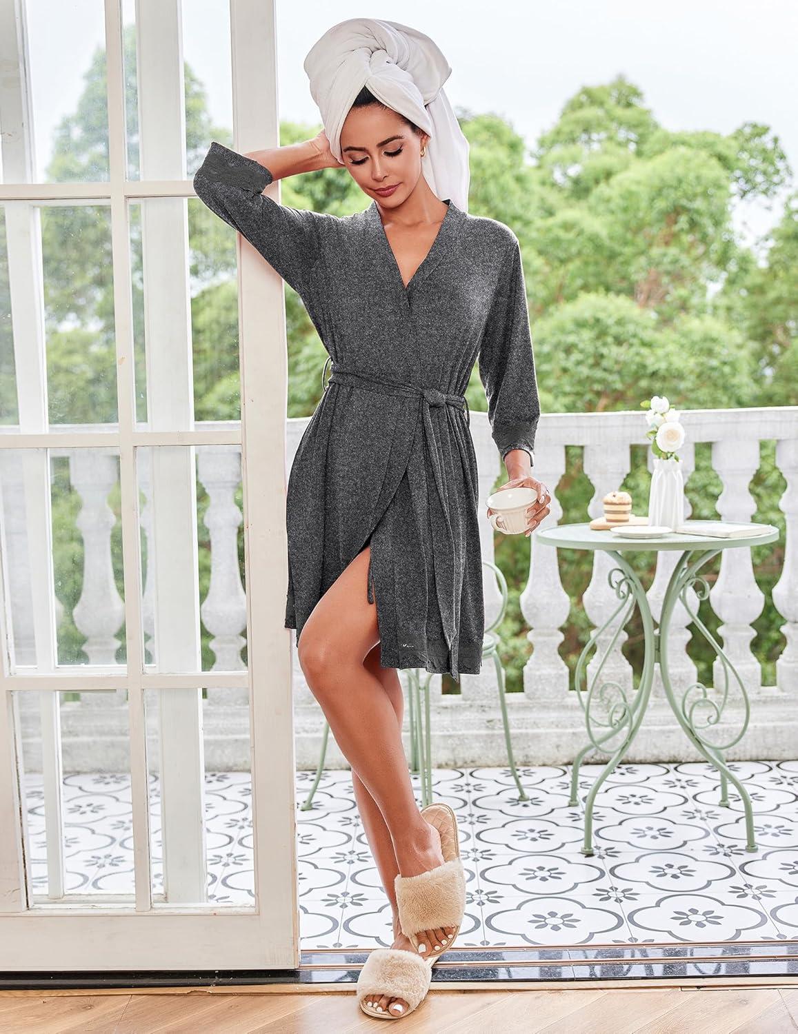 imageEkouaer Robes for Women Short Knit Bathrobe Lightweight Sexy Lace Sleepwear Soft Knee Length LoungewearDeep Gray
