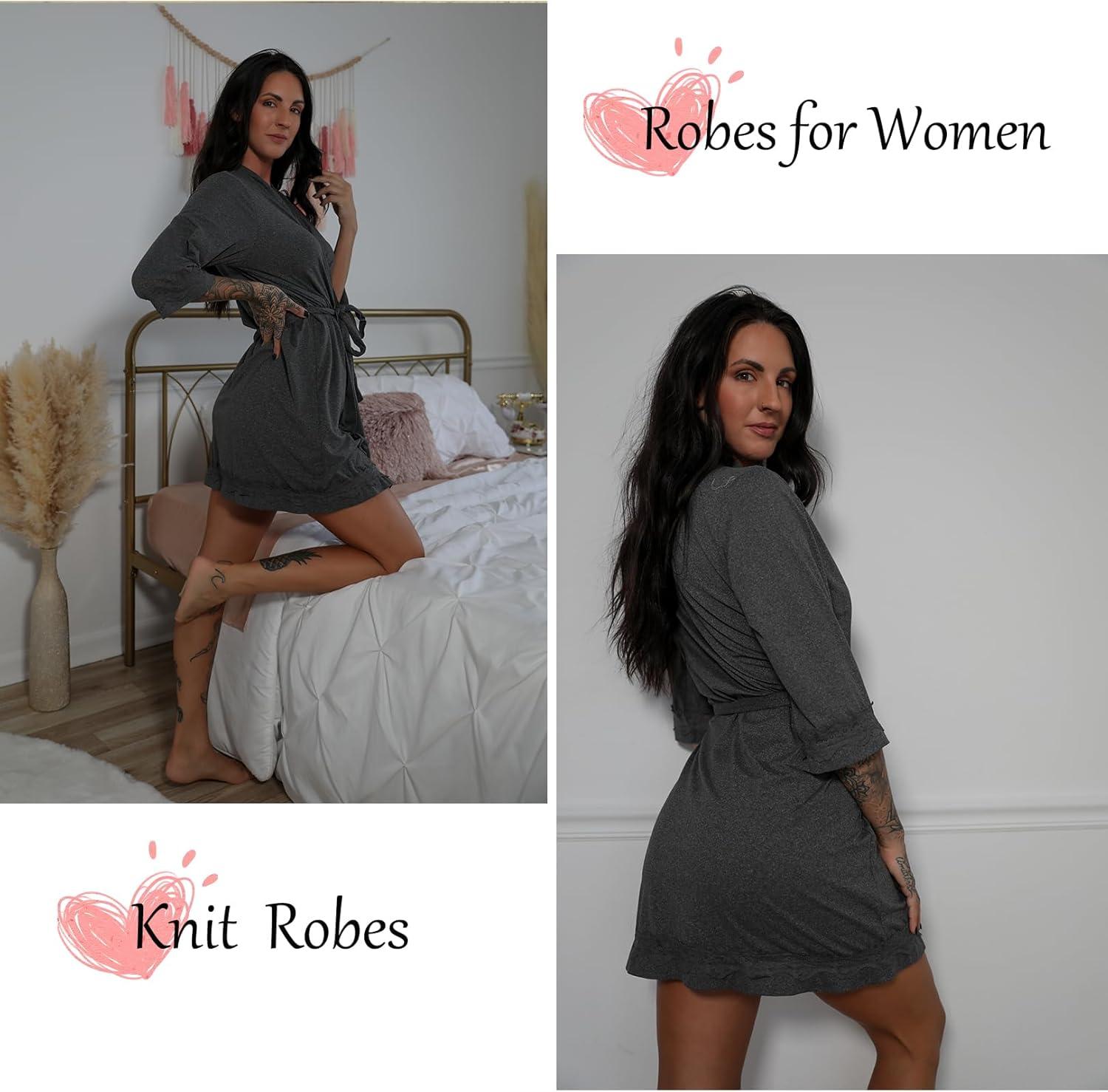 imageEkouaer Robes for Women Short Knit Bathrobe Lightweight Sexy Lace Sleepwear Soft Knee Length LoungewearDeep Gray