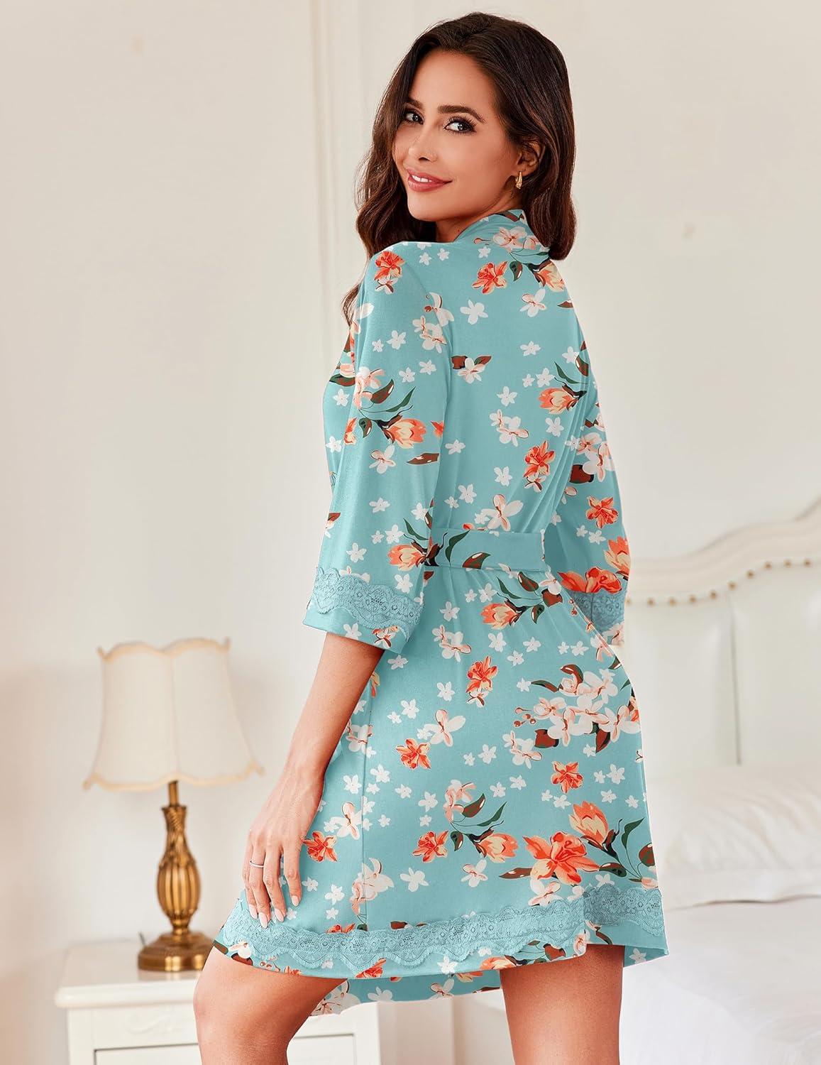 imageEkouaer Robes for Women Short Knit Bathrobe Lightweight Sexy Lace Sleepwear Soft Knee Length LoungewearGreen Flower