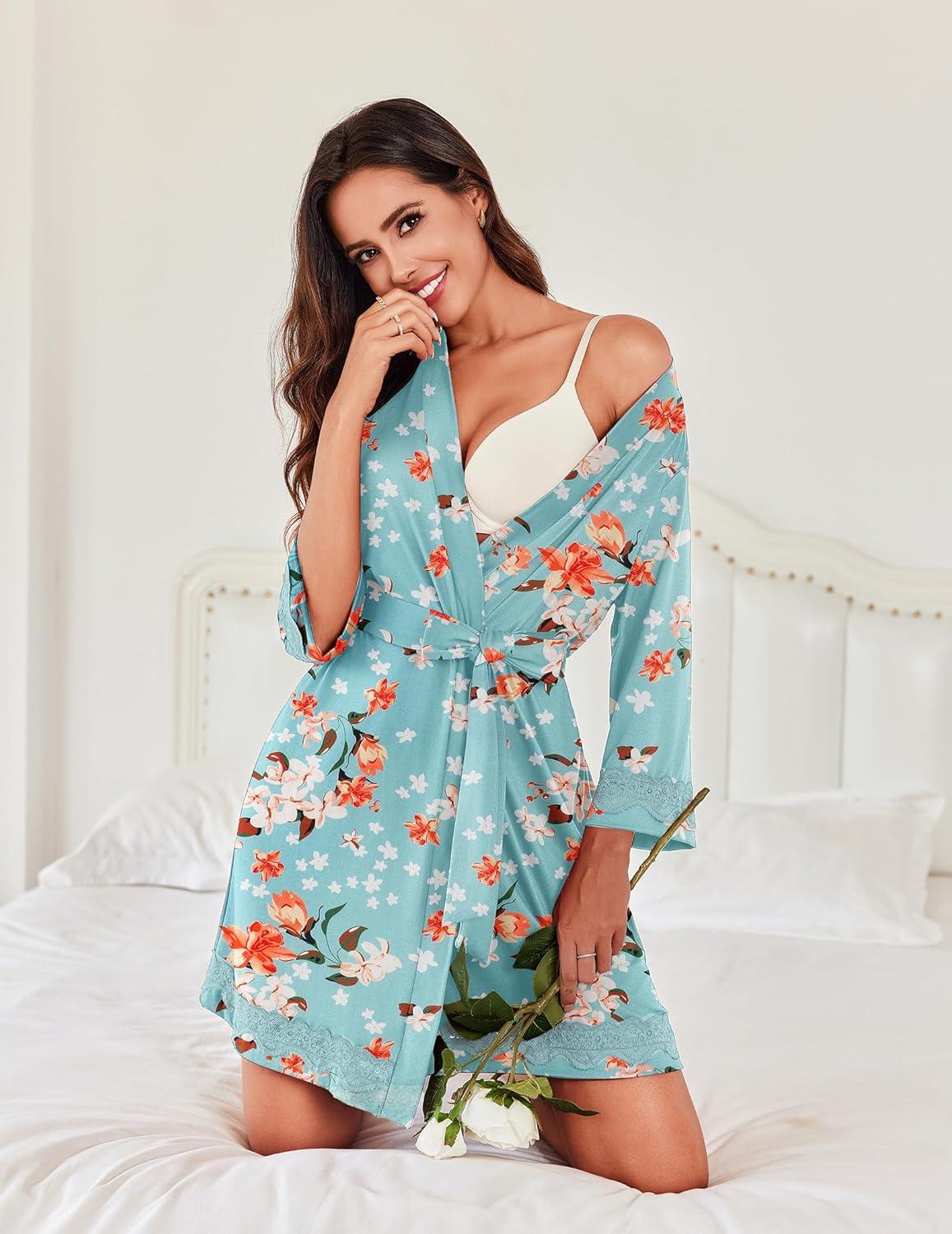 imageEkouaer Robes for Women Short Knit Bathrobe Lightweight Sexy Lace Sleepwear Soft Knee Length LoungewearGreen Flower