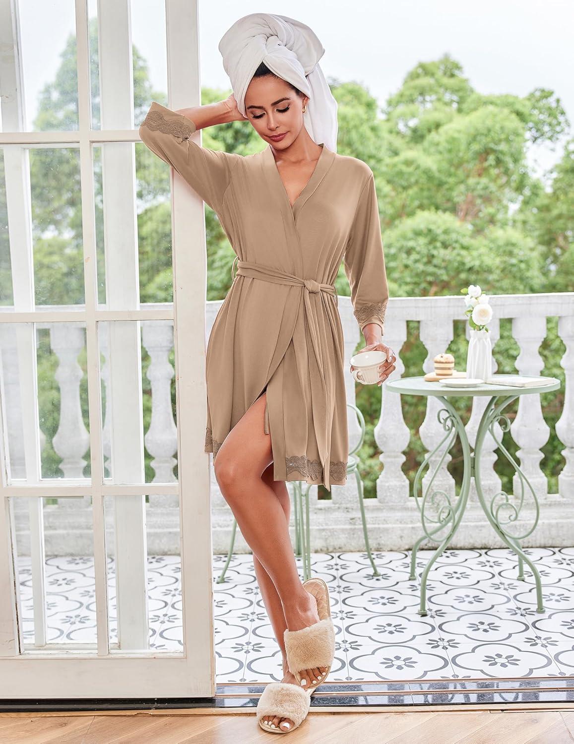 imageEkouaer Robes for Women Short Knit Bathrobe Lightweight Sexy Lace Sleepwear Soft Knee Length LoungewearKhaki