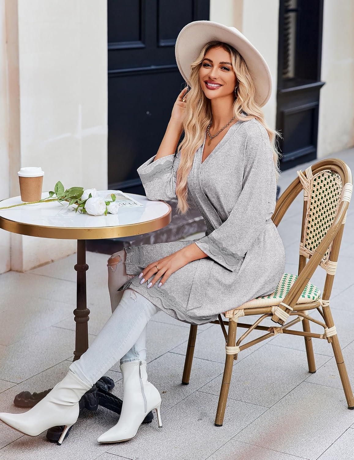 imageEkouaer Robes for Women Short Knit Bathrobe Lightweight Sexy Lace Sleepwear Soft Knee Length LoungewearLight Gray