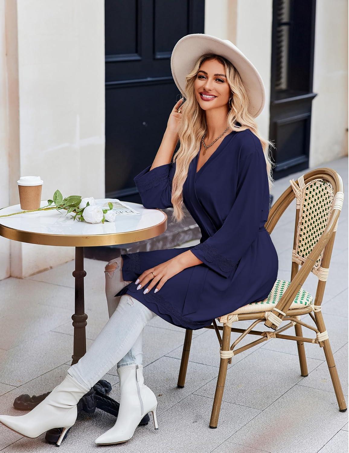 imageEkouaer Robes for Women Short Knit Bathrobe Lightweight Sexy Lace Sleepwear Soft Knee Length LoungewearNavy Blue