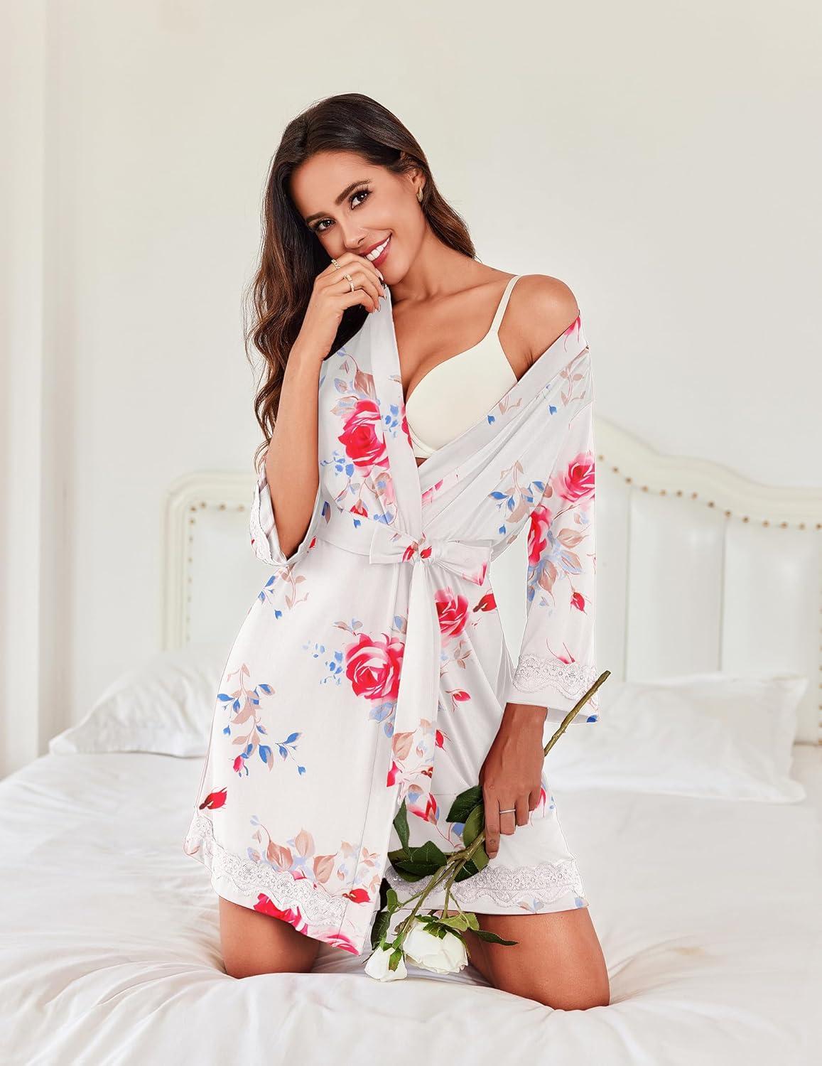imageEkouaer Robes for Women Short Knit Bathrobe Lightweight Sexy Lace Sleepwear Soft Knee Length LoungewearWhite Flower