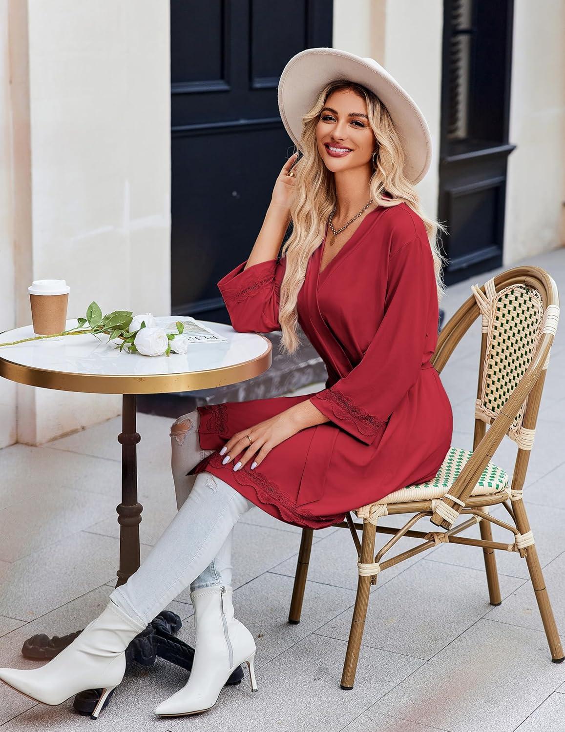 imageEkouaer Robes for Women Short Knit Bathrobe Lightweight Sexy Lace Sleepwear Soft Knee Length LoungewearWine Red
