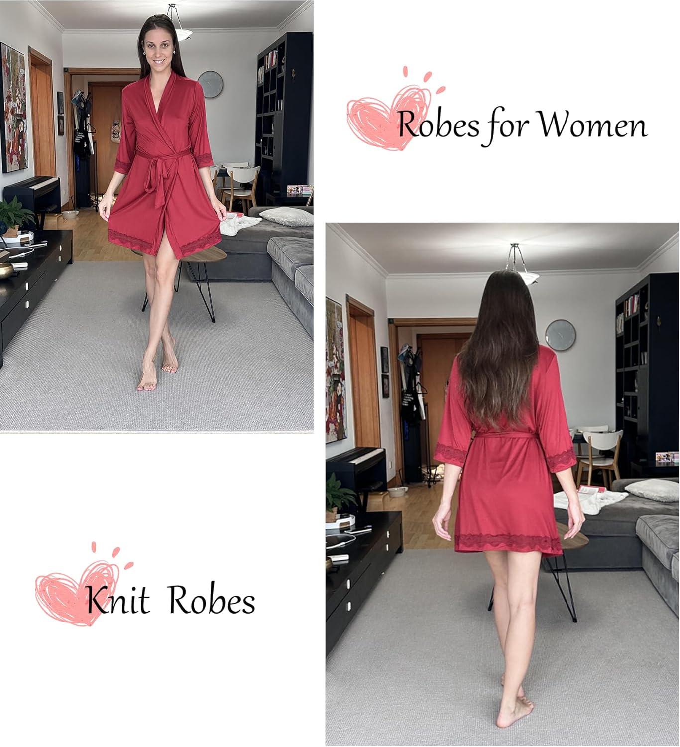 imageEkouaer Robes for Women Short Knit Bathrobe Lightweight Sexy Lace Sleepwear Soft Knee Length LoungewearWine Red
